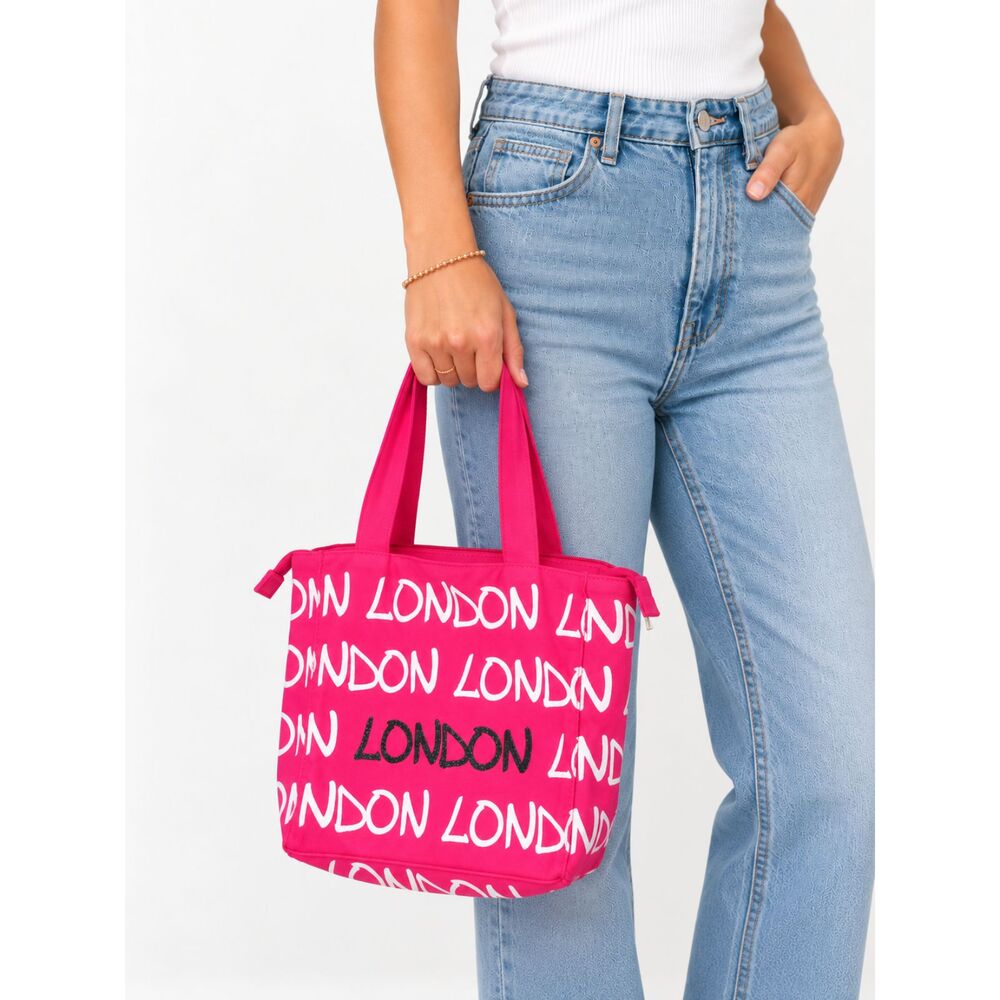 Robin Ruth London Pink Canvas Tote Bag Y2K Travel Souvenir Graphic Zip Purse
